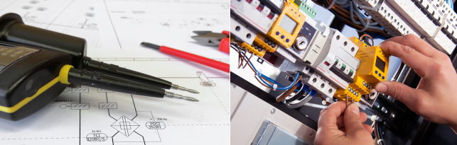 electric project and tools and hands installing a device in a switchboard